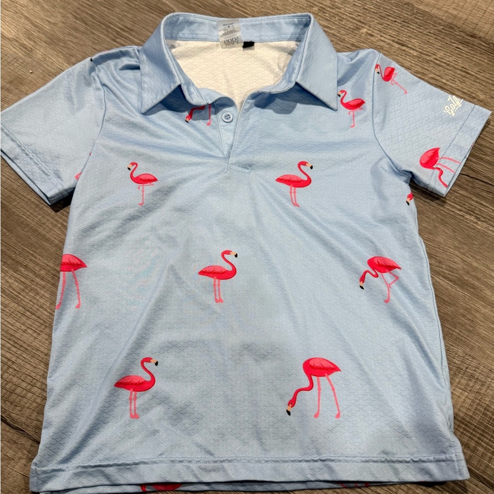 PGA Tour Light Blue Polo with Pink Flamingos